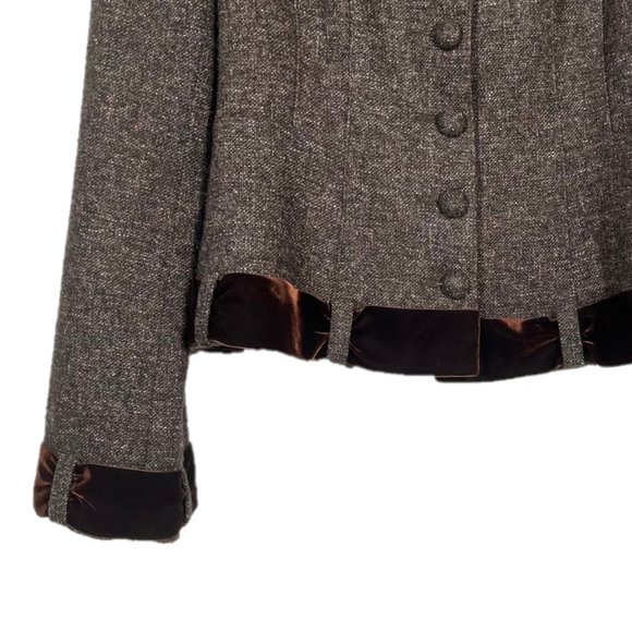 Nanette Lepore Brown Tweed Velvet Ribbon Trim Blazer Size 2 - Picture 3 of 4